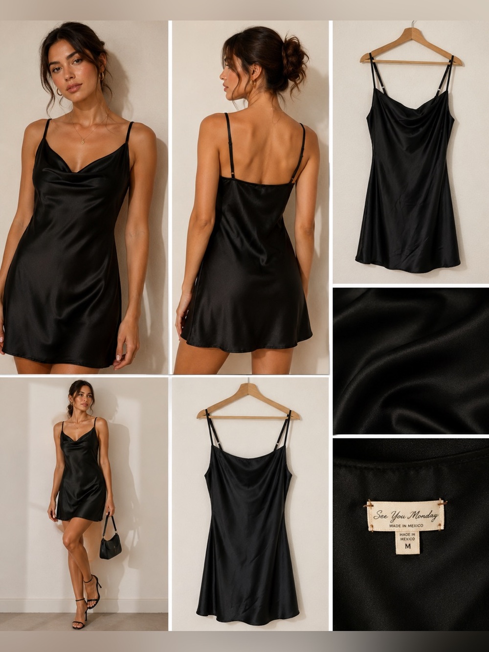 See You Monday Black Satin Cowl Neck Mini Slip Dress Size M - Picture 10 of 10
